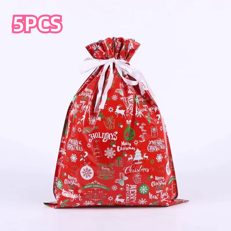 Christmas Gift Bags 5PCS Stand up Drawstring Foil Gift Wrapping Sacks Pouches for Xmas Presents Party Favor Decoration Supplies
