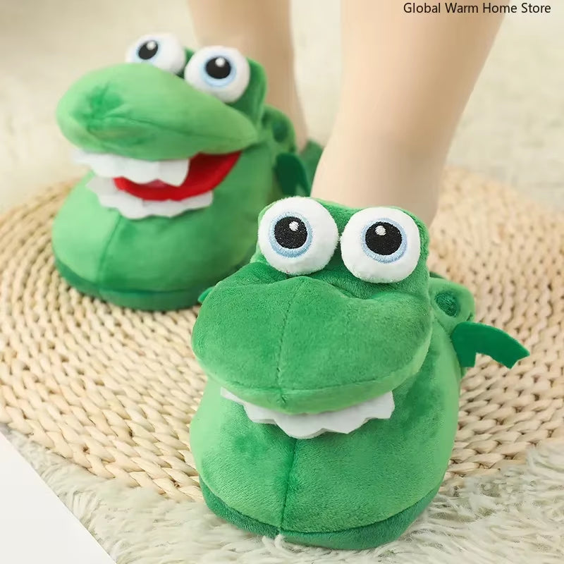 Crocodile Cotton Slippers with Moving Mouth Funny New Style Non-Slip Home Cotton Shoes Gifts Plush Toy Kids Slippers Winter Lady