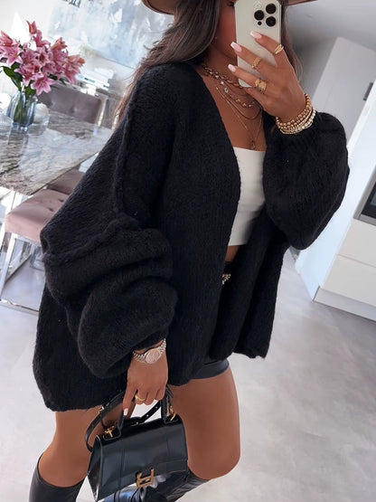 Autumn Winter New Casual Knitted Sweater Cardigan Jacket Loose Long Sleeve Solid Color Mid-Length Sweater Women Cardigan Jacket