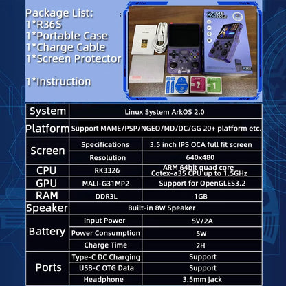 R36S Retro Game Console Handheld Video Arkos 2.0 System 3.5 Inch Single Card Portable Pocket Video Player 64GB 128GB 20000 Games