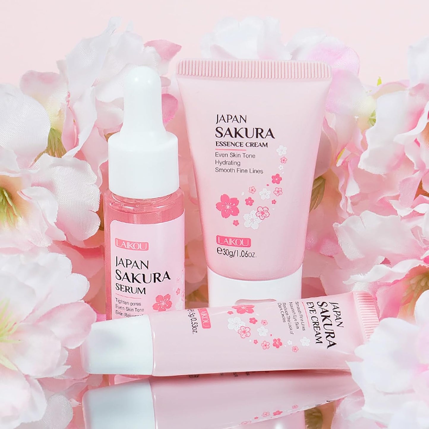 Skincare products with Sakura branding on a pink floral background