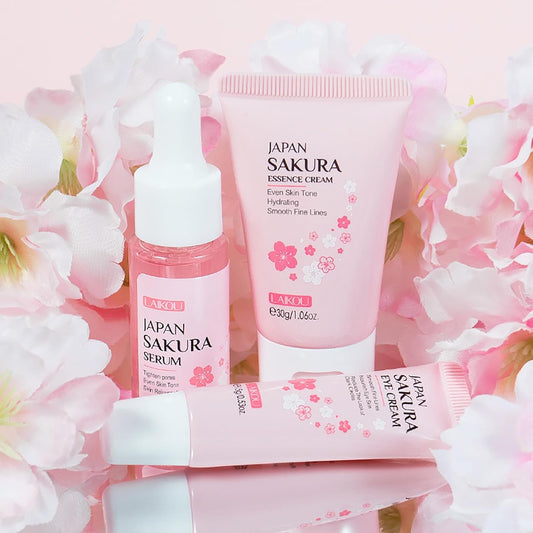 Skincare products with Sakura branding on a pink floral background
