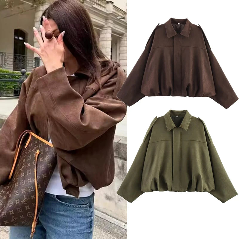 TFMLN Autumn Women Fashion Bomber Jackets Casual Soft Lantern Long Sleeve Oversized Coat Female Short Zipper Outwear ﻿