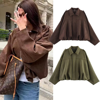 TFMLN Autumn Women Fashion Bomber Jackets Casual Soft Lantern Long Sleeve Oversized Coat Female Short Zipper Outwear ﻿