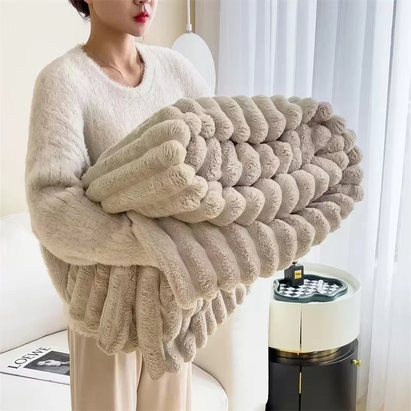 Luxury Soft Faux Rabbit Fur Throw Blanket Fluffy Warm Solid Color Plush Blanket for Sofa Bed Single Double Spring Autumn Plaid